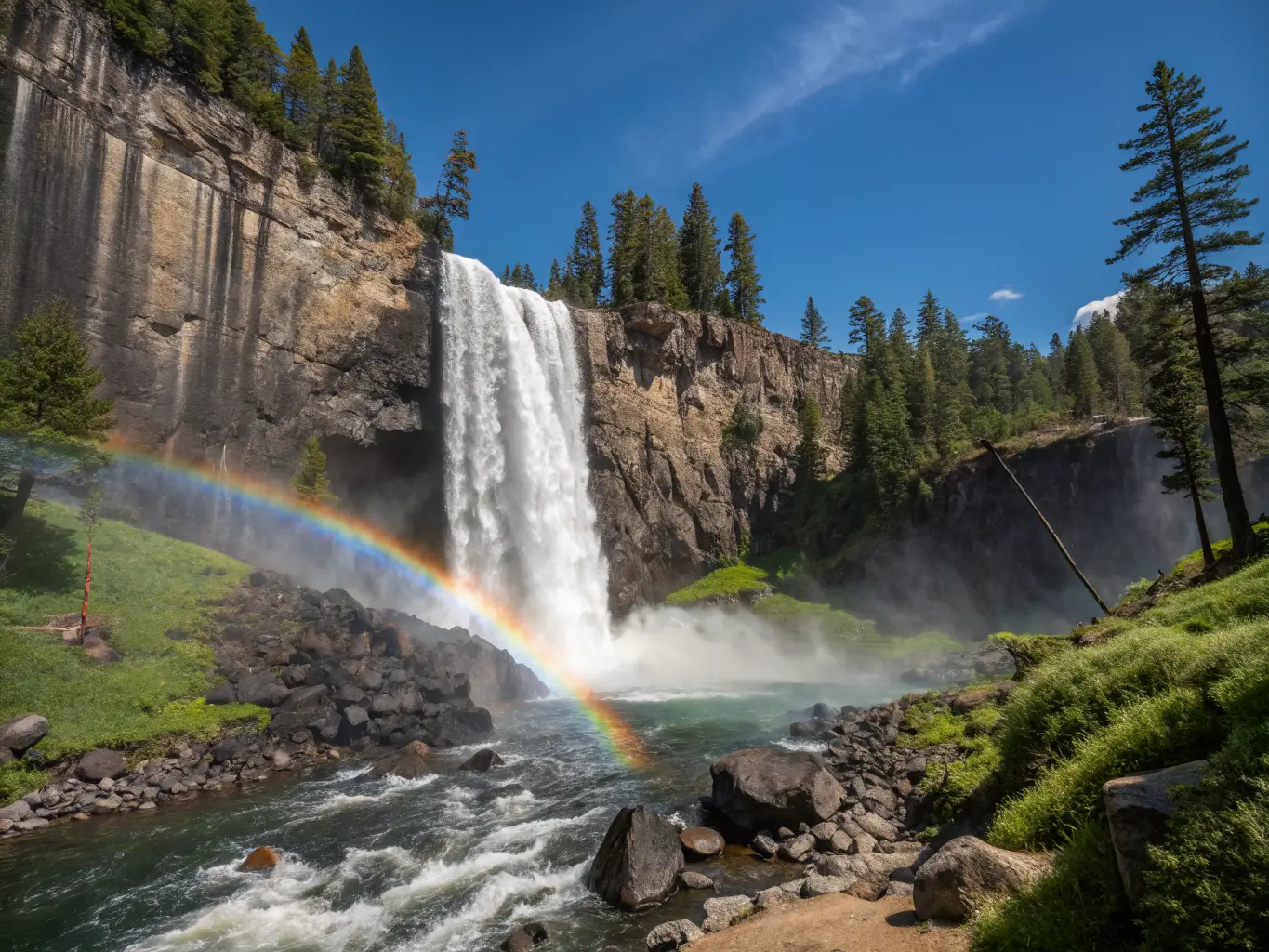 Wide-angle view of Rainbow Falls near Devils Postpile, with a bright rainbow arcing through mist under midday sun, framed by volcanic cliffs and pine forest.