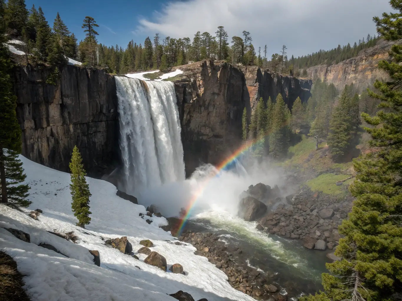 Mammoth Lakes in April: What to Actually Expect Rainbow Falls near Mammoth Lakes thundering over dark basalt cliffs with mist forming a faint rainbow, surrounded by pine trees and patchy spring snow.