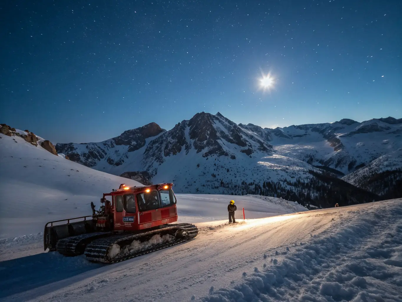 Red snowcat and passengers under a full moon at a snowy Mammoth Lakes mountain viewpoint, blue-lit snowfields and starry sky surrounding Sierra Nevada peaks.