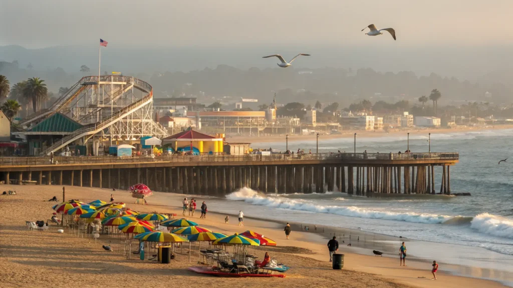 Santa Cruz in August: The Truth Nobody Tells You Before You Book Sunlit Santa Cruz Beach Boardwalk with a vintage wooden roller coaster, colorful carnival rides and striped umbrellas on golden sand, surfers paddling gentle waves, families on the pier and the Highway 1 coastline fading into morning haze.