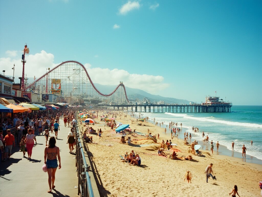 Santa Cruz in August: The Truth Nobody Tells You Before You Book Santa Cruz Beach Boardwalk on a sunny summer afternoon with crowds, colorful rides, the Giant Dipper roller coaster, beachgoers, and the Pacific Ocean in the background.