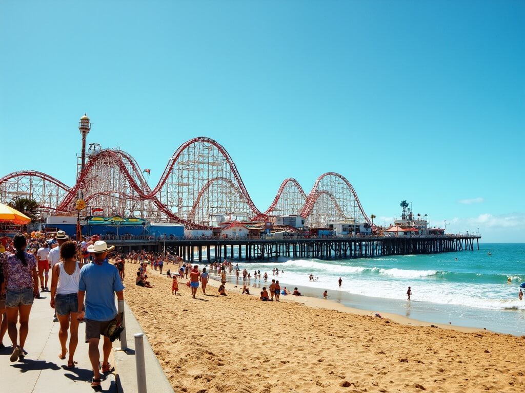 Santa Cruz in August: The Truth Nobody Tells You Before You Book Santa Cruz Beach Boardwalk on a sunny summer day with crowds, colorful rides, and the Giant Dipper roller coaster beside the bright blue ocean.