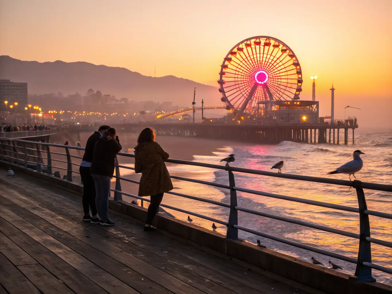 Free Things to Do in Los Angeles If You'd Rather Not Spend a Fortune Golden hour view from Santa Monica Pier showing silhouetted people by the railing, glowing Ferris wheel, warm reflections on wet boards, seagulls flying, and the Pacific sunset in orange and pink tones.