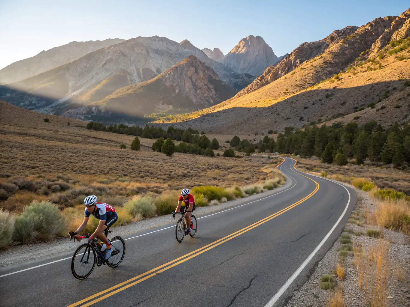 September Might Be the Best Month Mammoth Lakes Has Cyclists climbing a winding Eastern Sierra highway near Mammoth Mountain under a deep blue sky, surrounded by sagebrush and pine with volcanic peaks in the background.