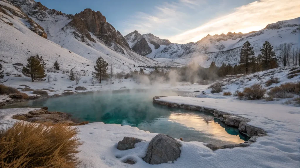 Mammoth Lakes in January: The Secret Month Skiers Don't Want You to Know About Steam rising from a turquoise hot spring in snow near Mammoth Lakes at golden hour, with sagebrush, snowshoe tracks, and sunlit Sierra Nevada peaks in the background