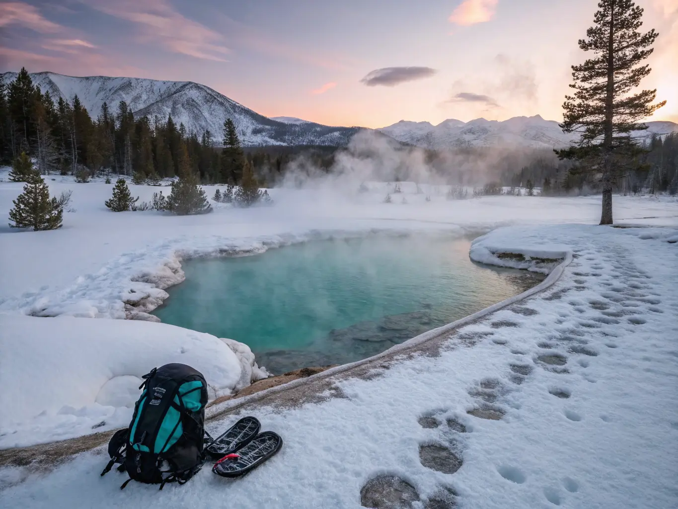Snowy Eastern Sierra hot spring at dusk with steam rising from turquoise water, snowshoes and backpack on the bank, and pink twilight mountains in the distance.