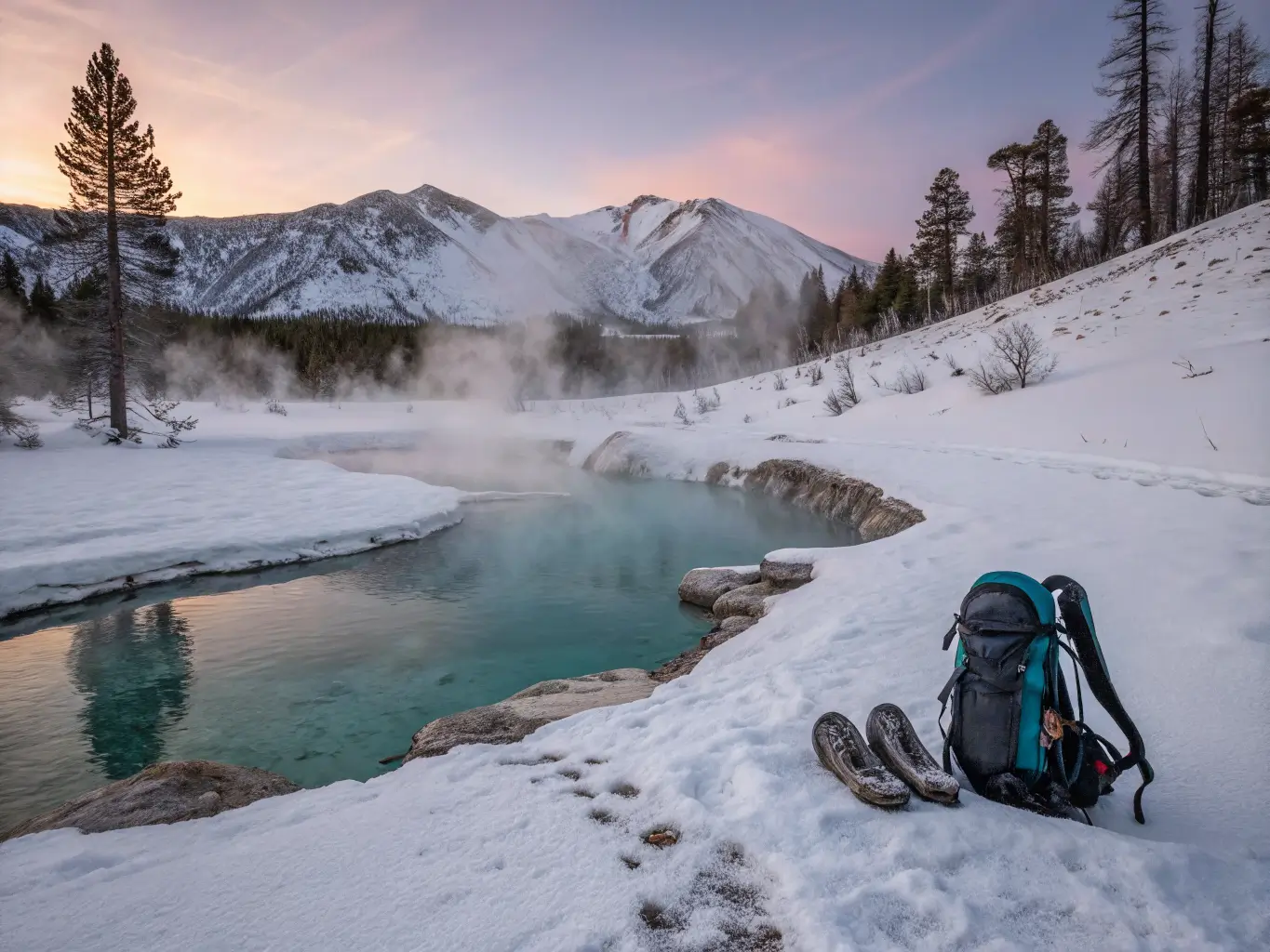 Steam rising from a turquoise hot spring in the snowy Eastern Sierra at dusk, with snowshoes and a backpack beside the pool and pastel mountains in the distance.