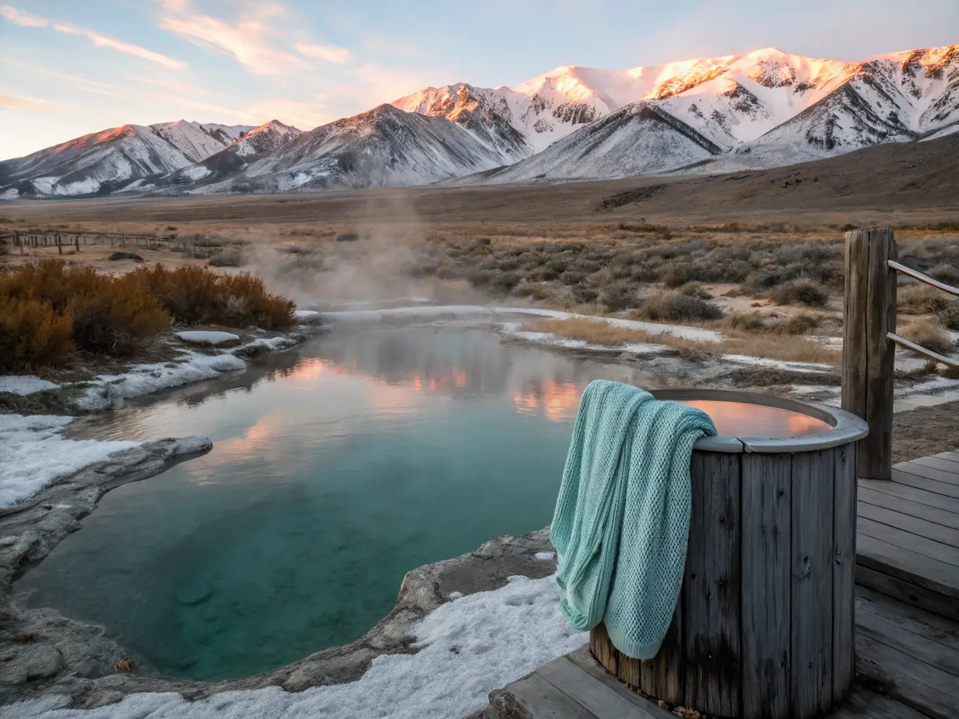 Mammoth Lakes in April: What to Actually Expect Hot spring pool in the Eastern Sierra at dusk with steam rising, towels on a wooden post, and snow-capped Sierra Nevada peaks glowing in alpenglow.