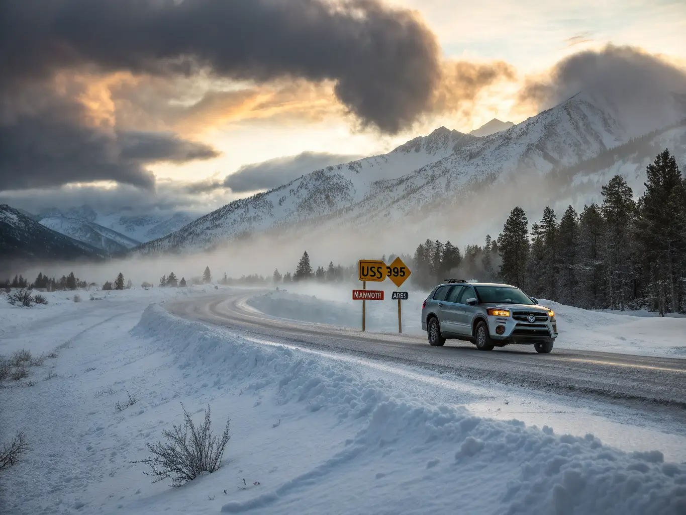 SUV with snow chains driving along icy US-395 toward Mammoth Lakes under clearing winter storm, amber chain control sign glowing, Sierra peaks and mist in moody late-afternoon light.