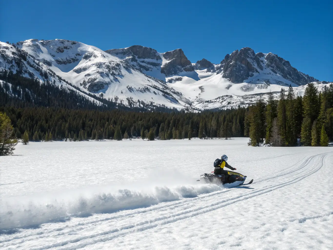 Mammoth Lakes in April: What to Actually Expect Snowmobiler carving through sunlit spring snow in a wide meadow above Mammoth Lakes, with snow spray, distant Sierra peaks, and pine forest under a deep blue sky.