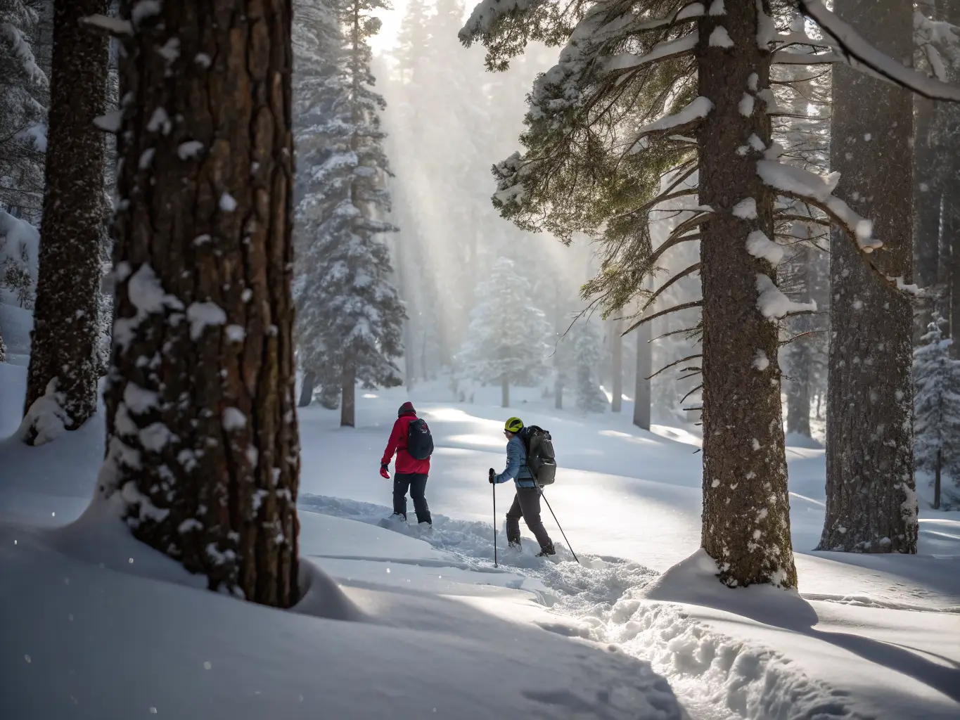 Mammoth Lakes in March: What to Actually Expect Two snowshoers trekking through a sunlit, snow-covered pine forest near Mammoth Lakes, surrounded by deep fresh snow and sparkling light between storms.