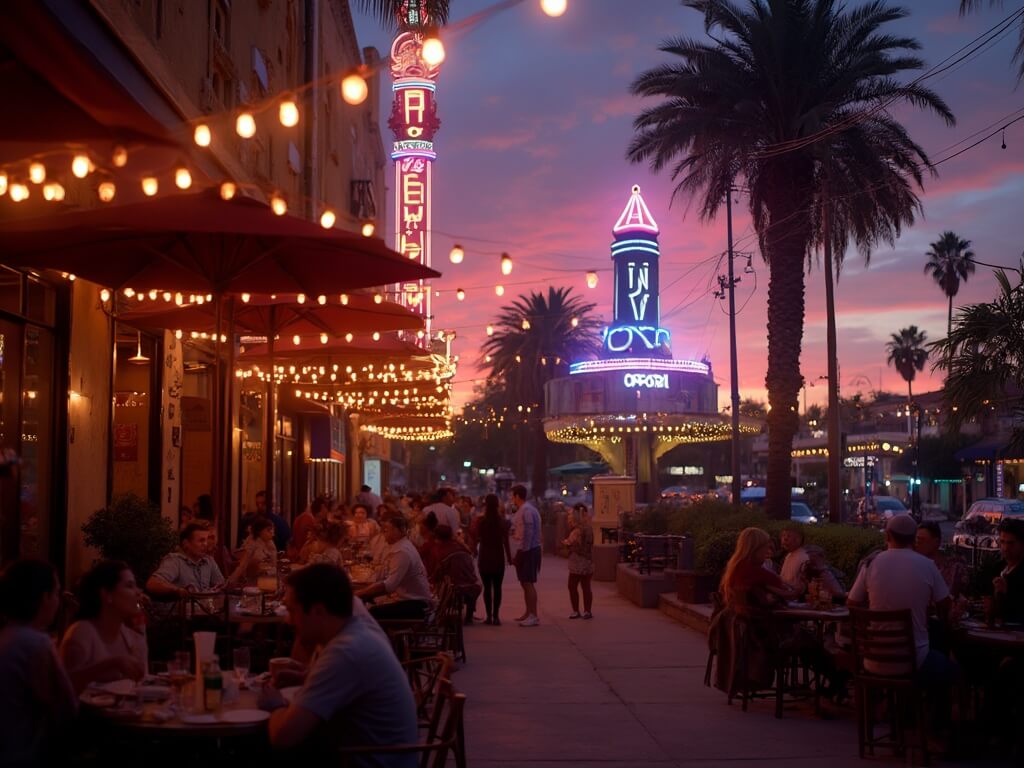 Evening scene in Fresno’s Tower District with glowing string lights, neon marquee, and people dining outdoors under a warm twilight sky.