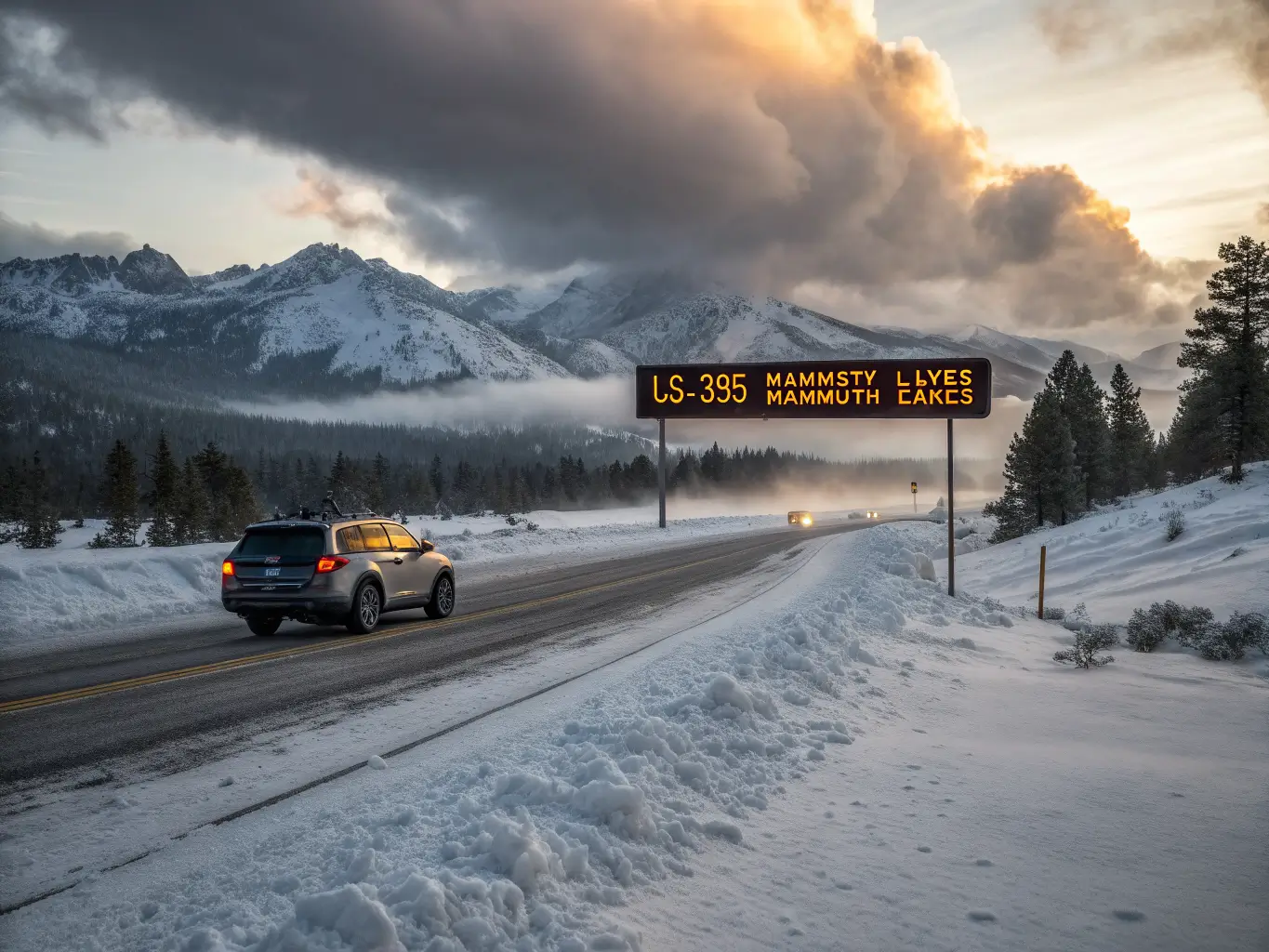 SUV with snow chains driving on icy US-395 toward Mammoth Lakes under clearing storm clouds, amber chain control sign glowing, snow-covered Sierra peaks in moody afternoon light.