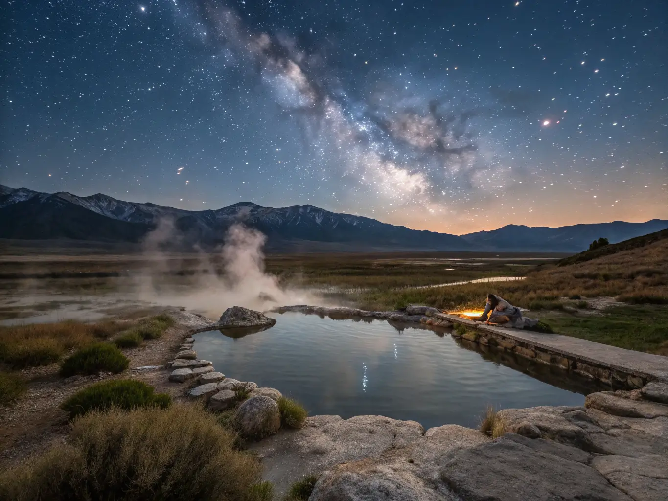 July Is the Month Mammoth Lakes Was Built For Nighttime wide-angle view of Wild Willy’s Hot Springs near Mammoth Lakes with steam rising from the pool, silhouetted bathers, and the Milky Way arching over the distant Sierra mountains.