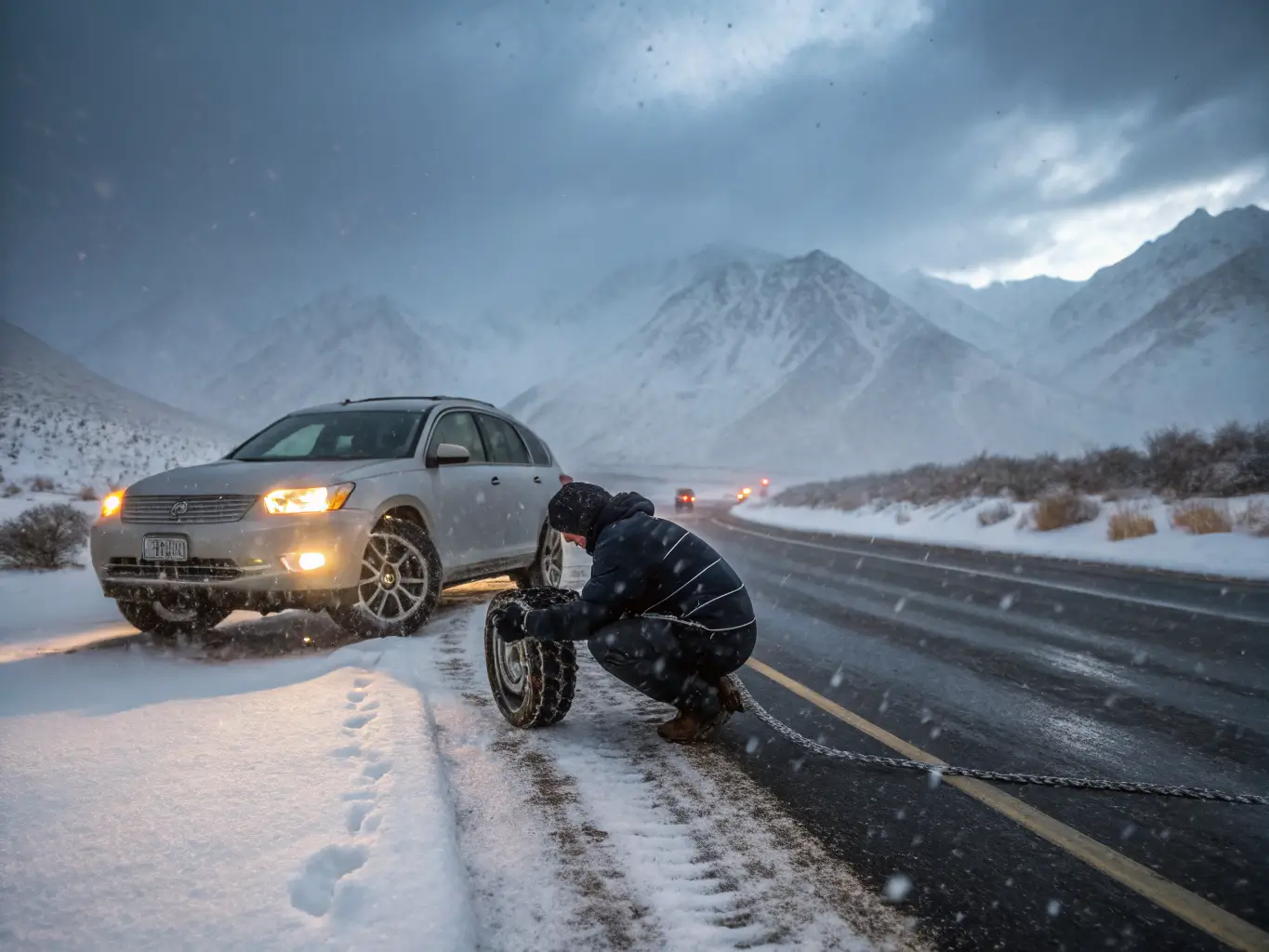 Driver fitting tire chains to a car pulled over on a snowy US-395 roadside near Bishop, California, during a heavy winter storm with low clouds and falling snow.
