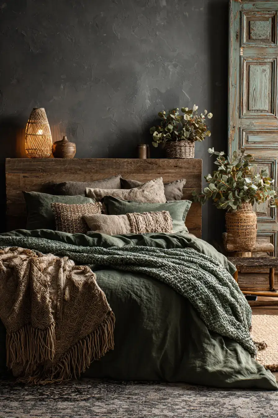 29 Green Boho Bedroom Ideas with a Forest Green Wall