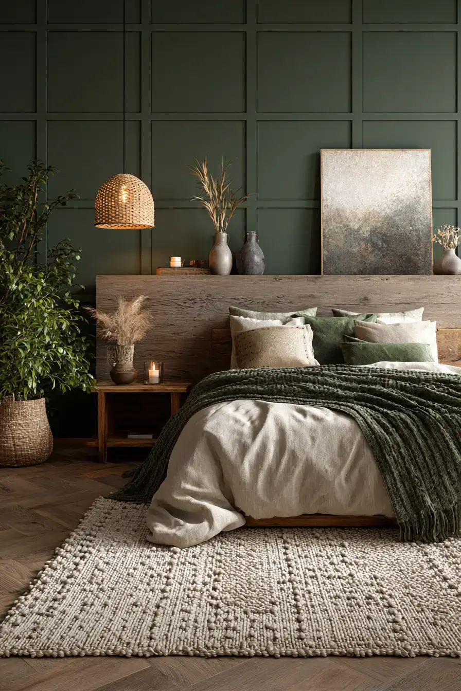 29 Green Boho Bedroom Ideas with a Forest Green Wall