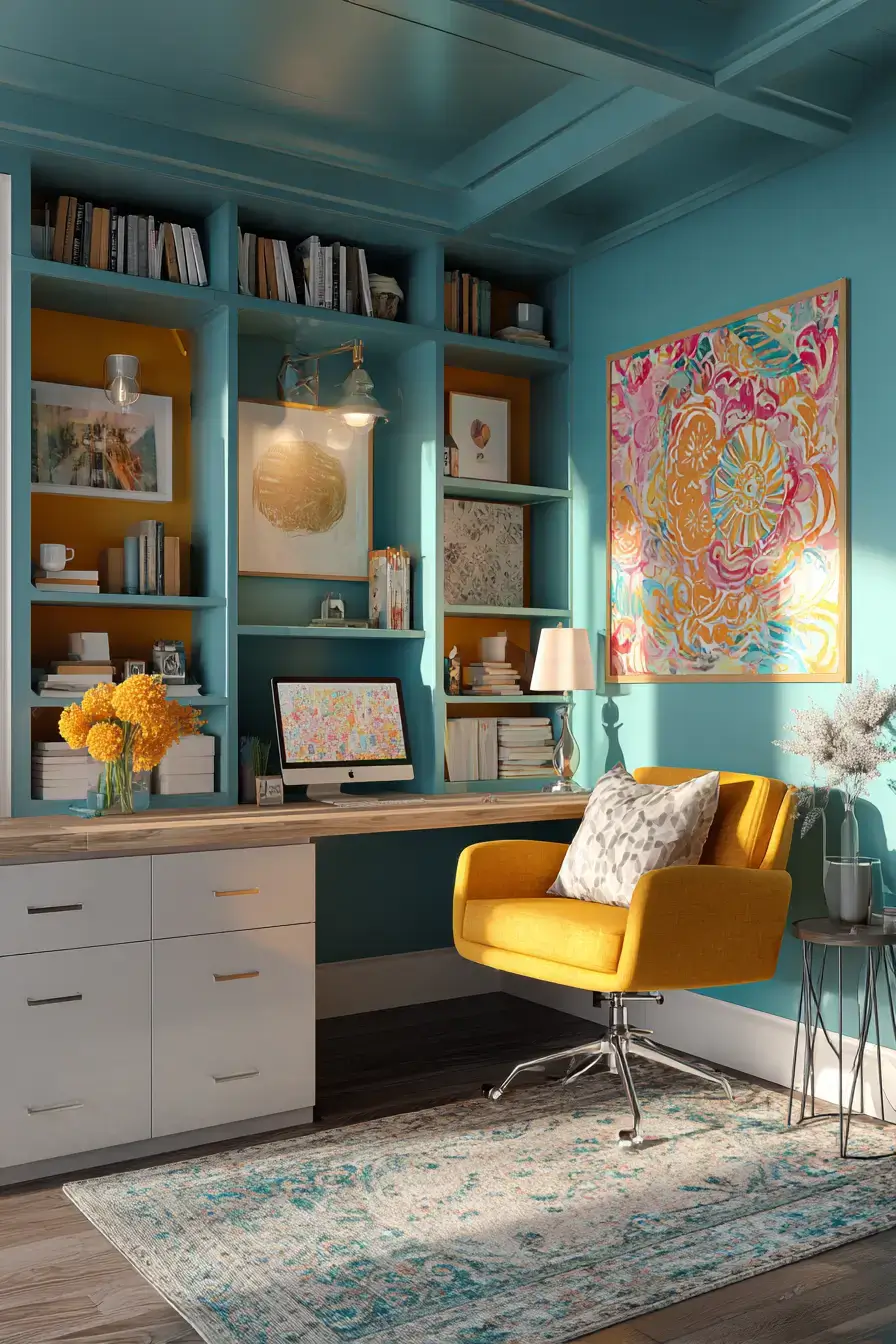 29 Dopamine Decor Office Ideas in Coral and Mustard