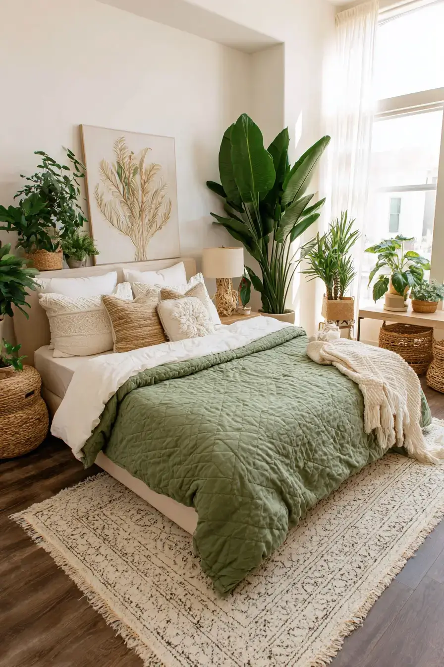 29 Green Boho Bedroom Ideas with a Forest Green Wall