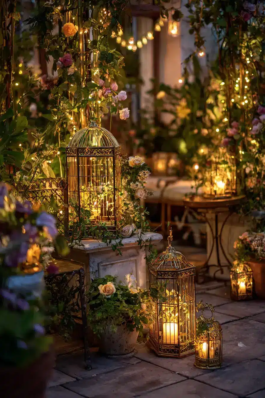 29 Vintage Birdcage Decor Ideas with an Aged Brass Cage vintage birdcage decor ideas