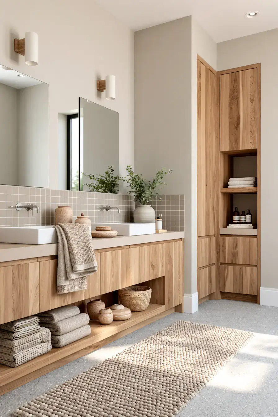 29 Japandi Style Bathroom Ideas with a Wooden Soaking Tub