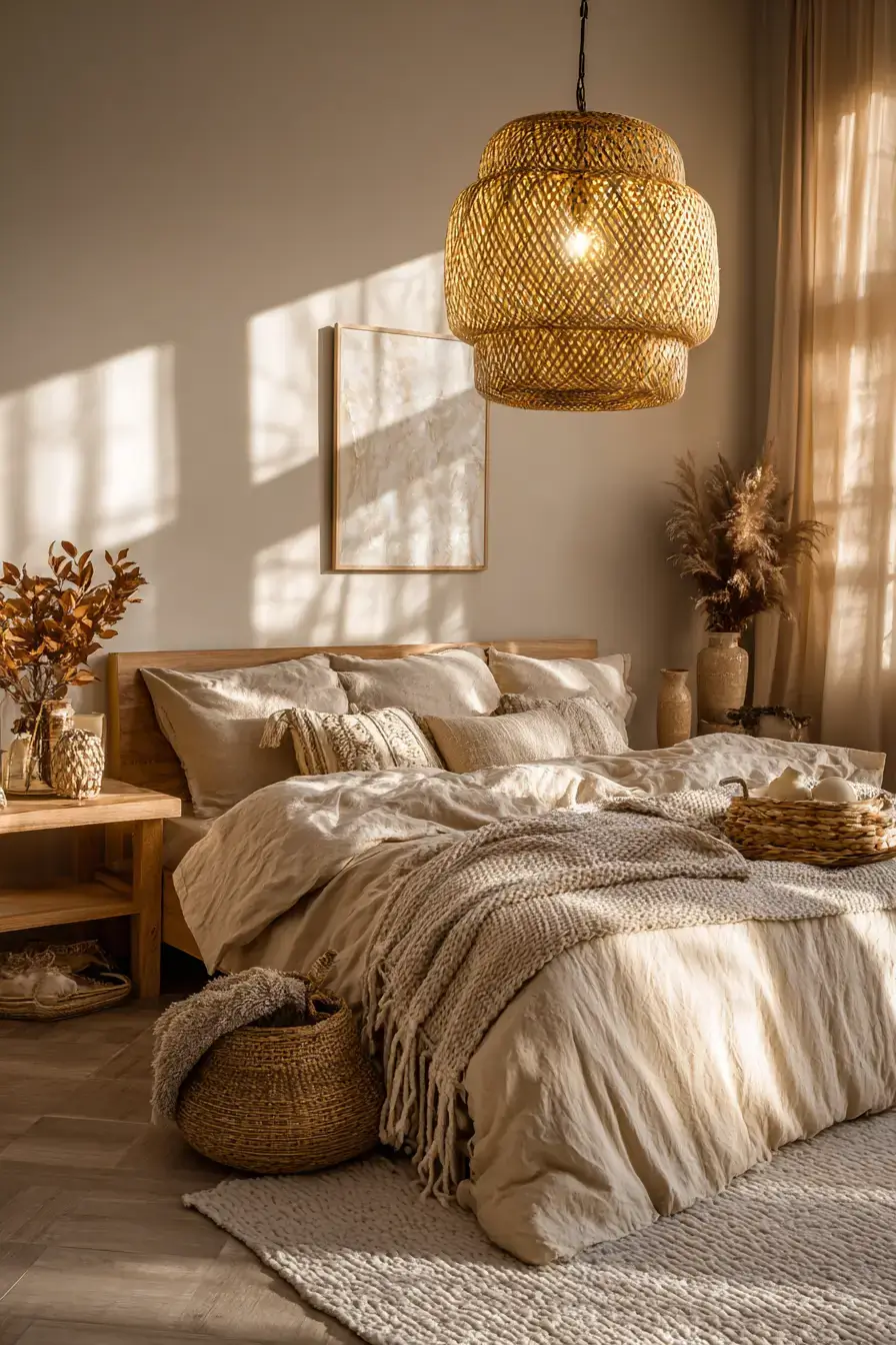 29 Boho Bedroom Lighting Ideas with a Rattan Pendant
