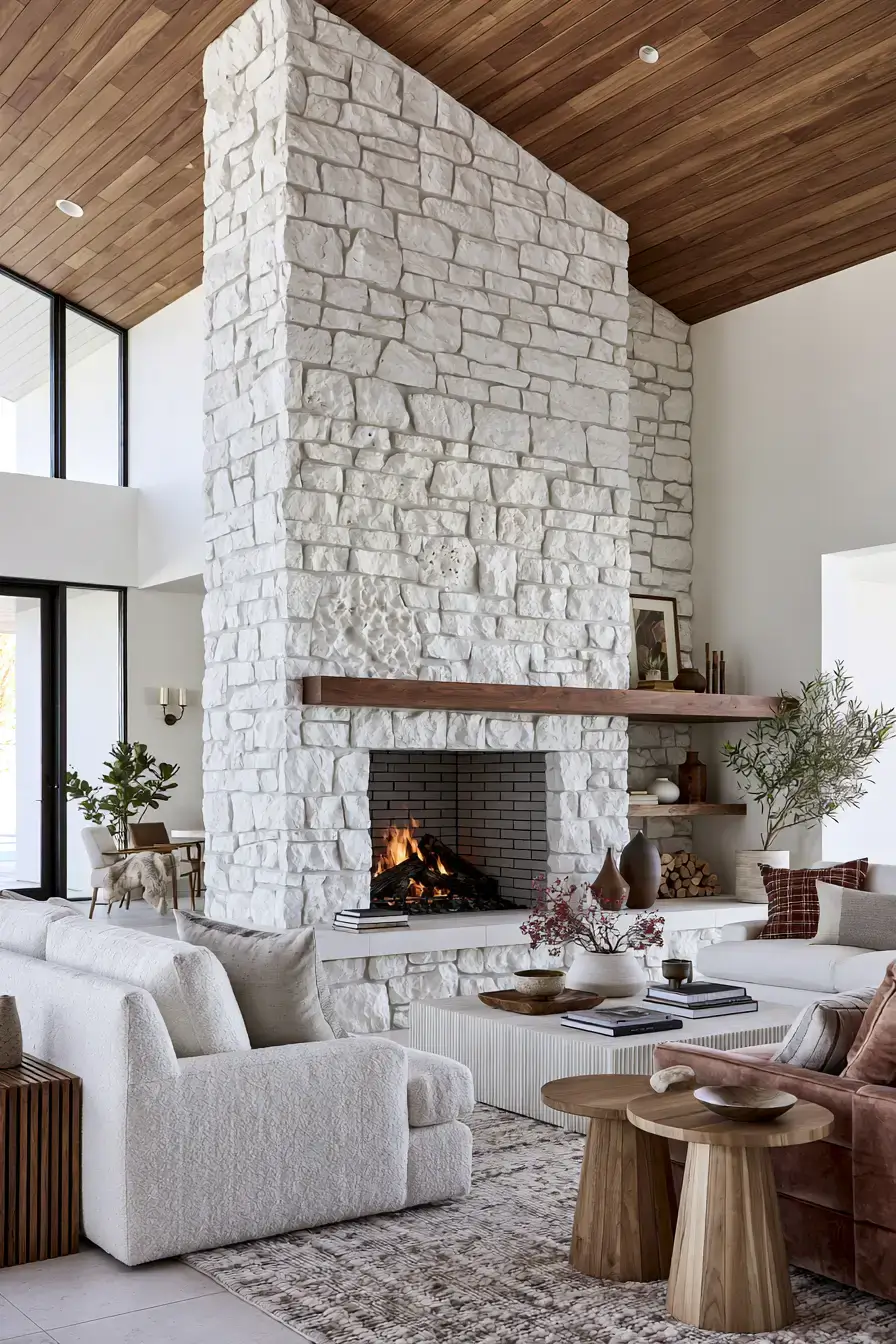 29 White Stone Fireplace Ideas for a Hearth That Stays Light white stone fireplace