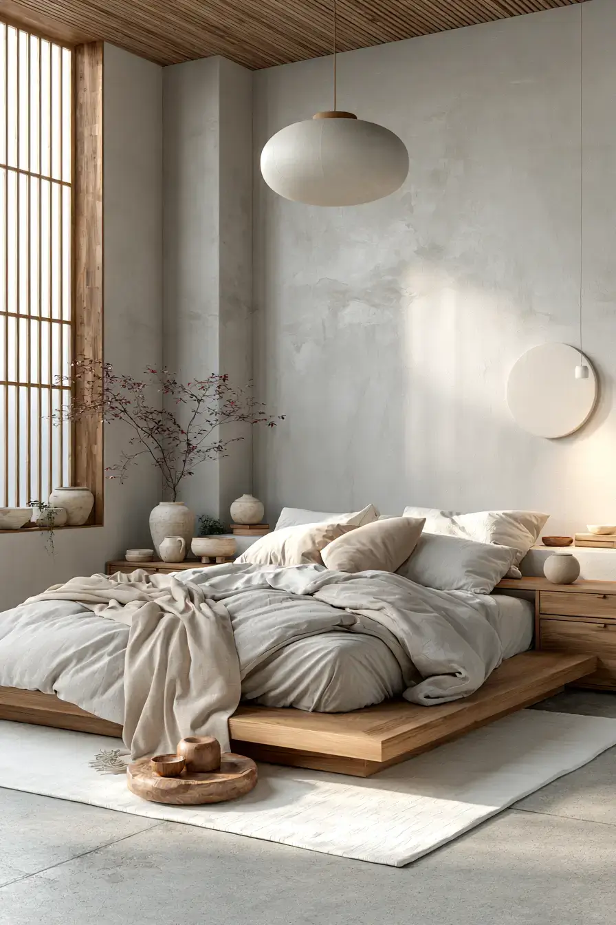 29 Japandi Style Bedroom Ideas with a Linen Platform Bed