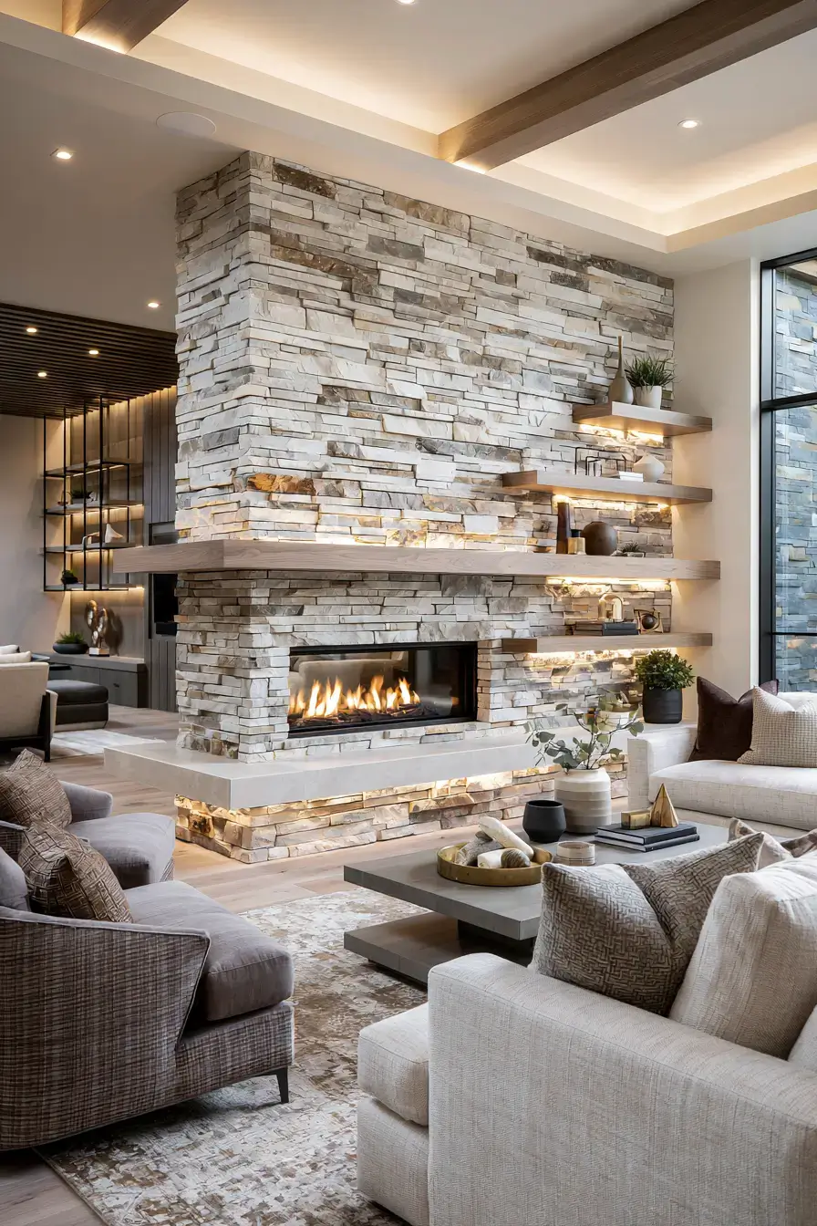 29 Rustic Stone Fireplace Ideas with a Stacked Fieldstone Surround