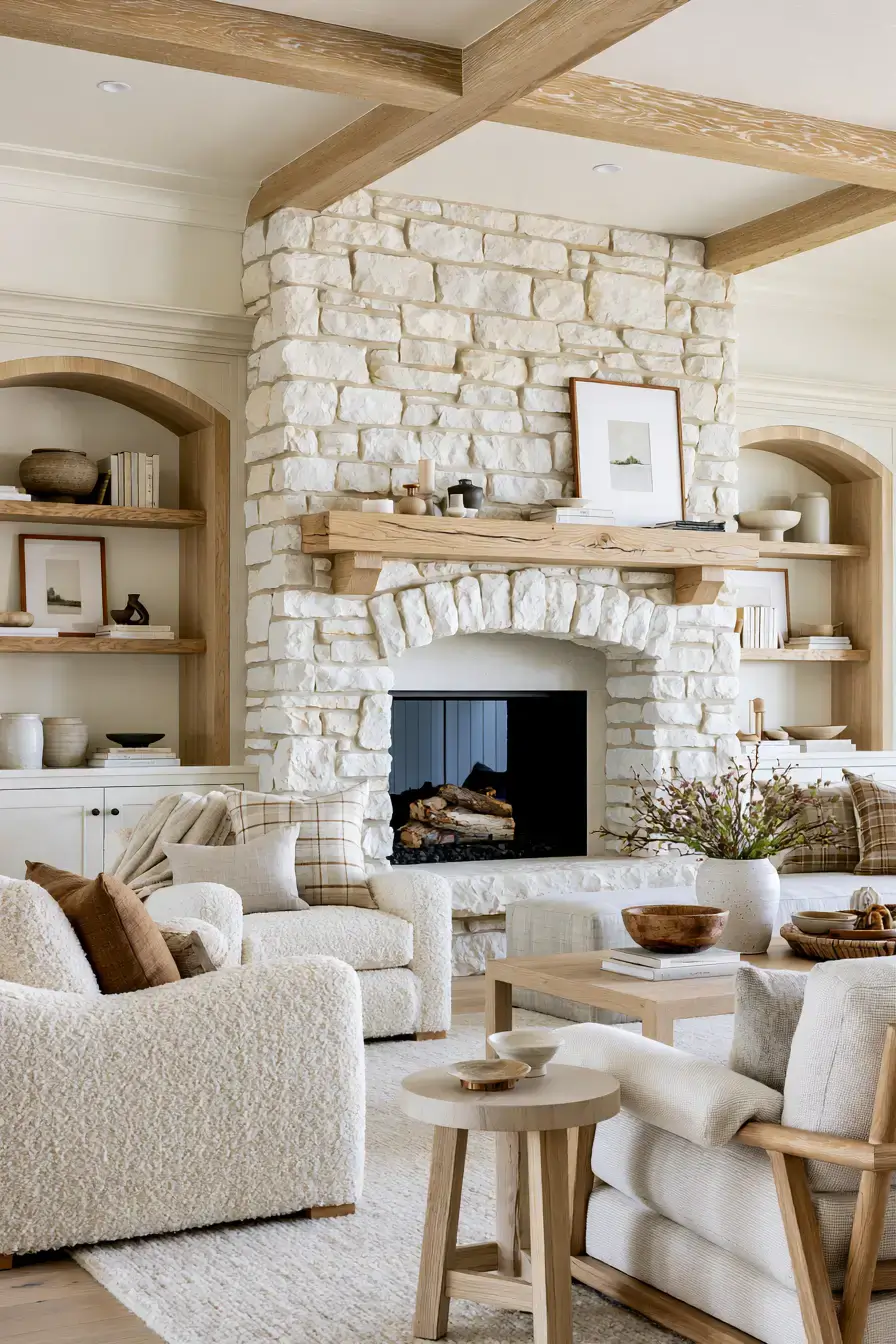 29 White Stone Fireplace Ideas for a Hearth That Stays Light white stone fireplace