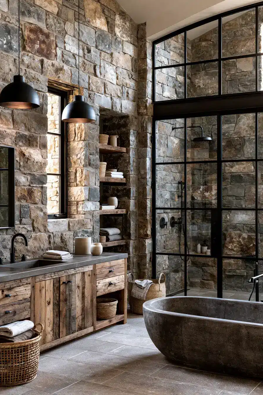 29 Natural Stone Bathroom Ideas with a Travertine Wall