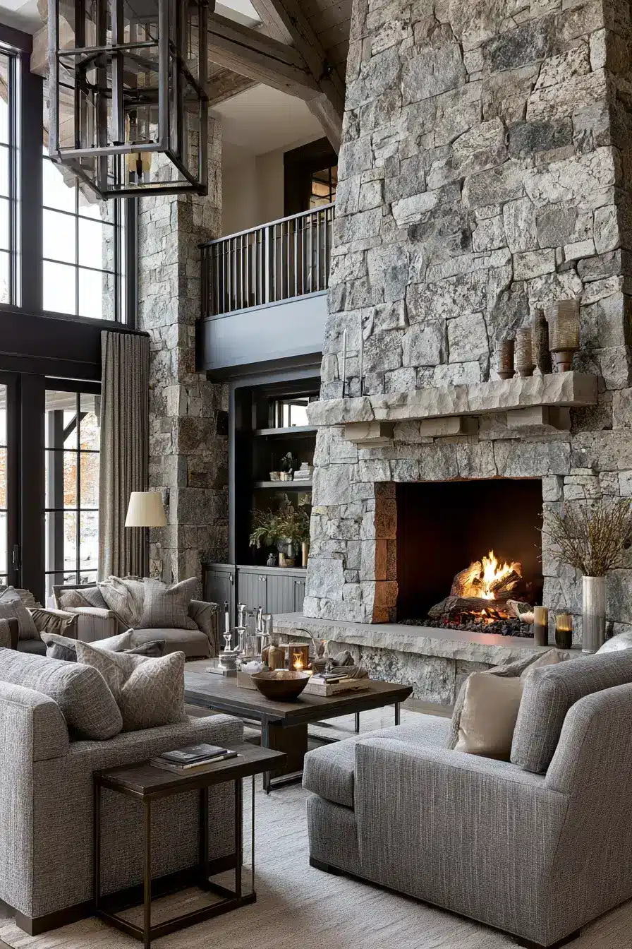 29 Rustic Stone Fireplace Ideas with a Stacked Fieldstone Surround