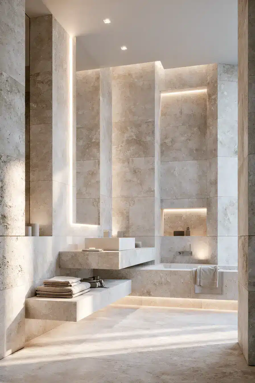 29 Natural Stone Bathroom Ideas with a Travertine Wall