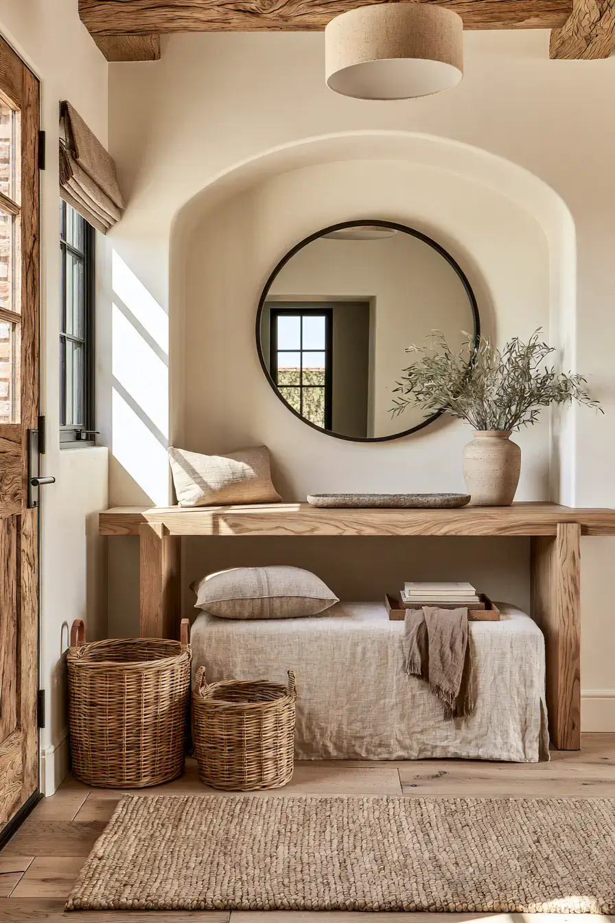 29 Japandi Entryway Ideas with a Wood Bench and Tray
