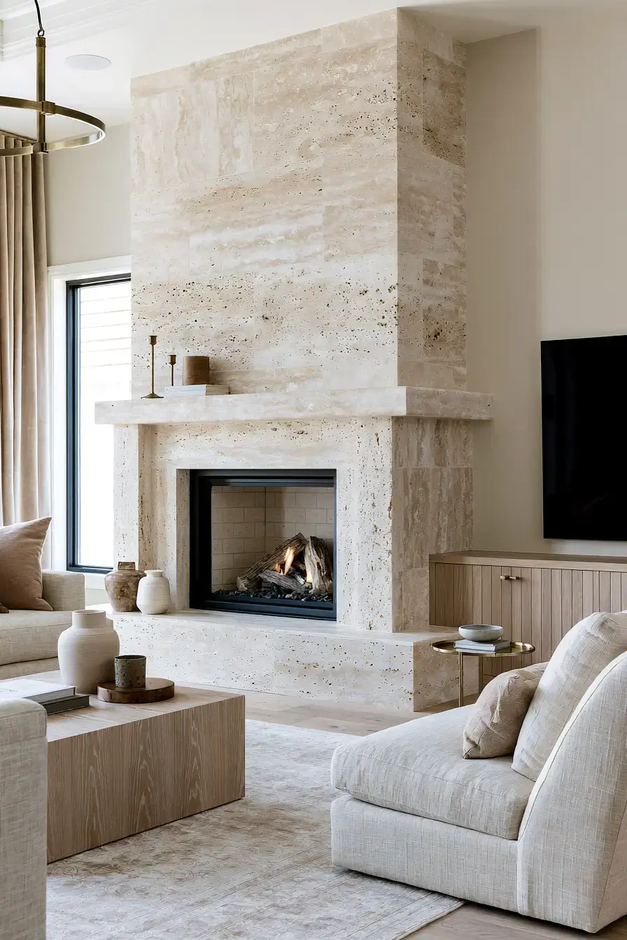 29 White Stone Fireplace Ideas for a Hearth That Stays Light white stone fireplace
