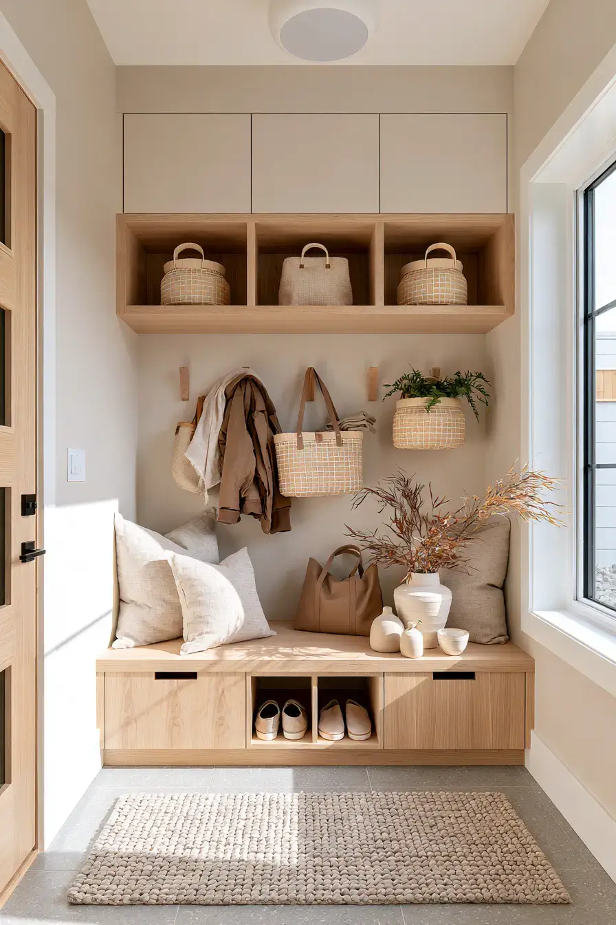 29 Japandi Entryway Ideas with a Wood Bench and Tray