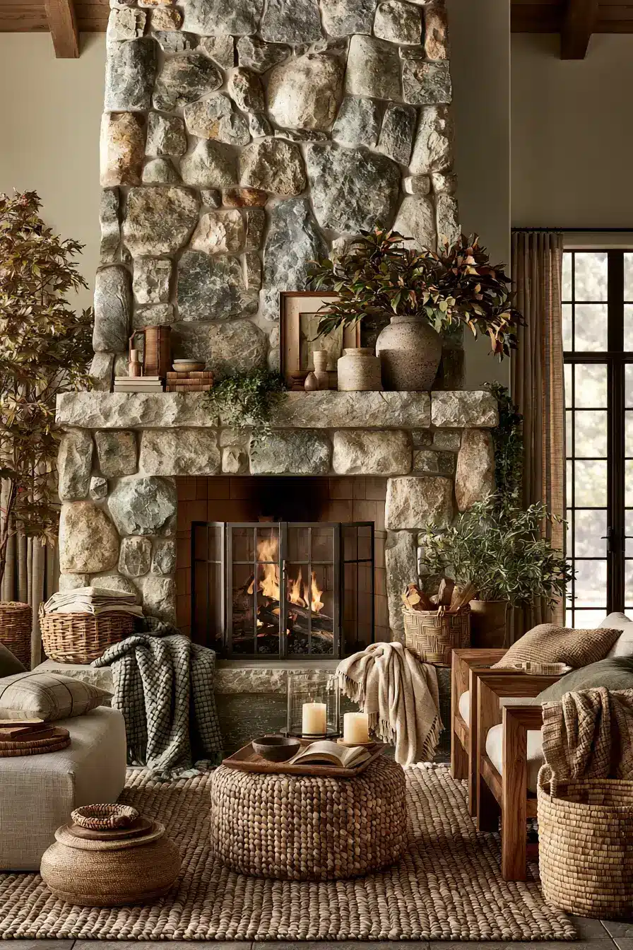29 Rustic Stone Fireplace Ideas with a Stacked Fieldstone Surround