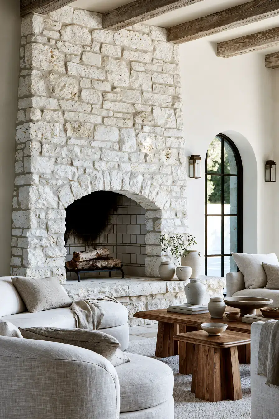 29 White Stone Fireplace Ideas for a Hearth That Stays Light white stone fireplace