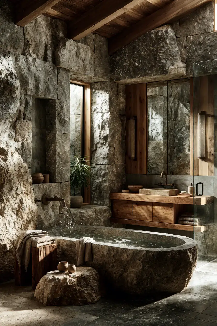 29 Natural Stone Bathroom Ideas with a Travertine Wall