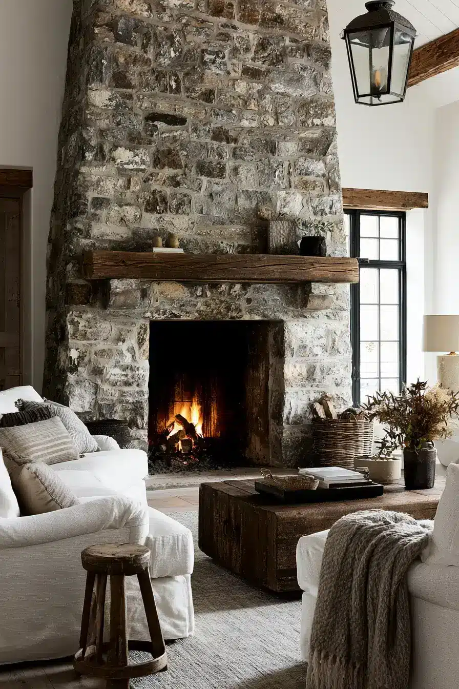 29 Rustic Stone Fireplace Ideas with a Stacked Fieldstone Surround