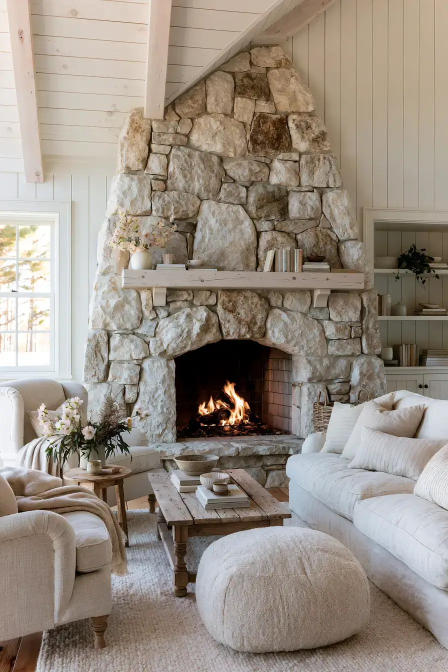 29 Rustic Stone Fireplace Ideas with a Stacked Fieldstone Surround