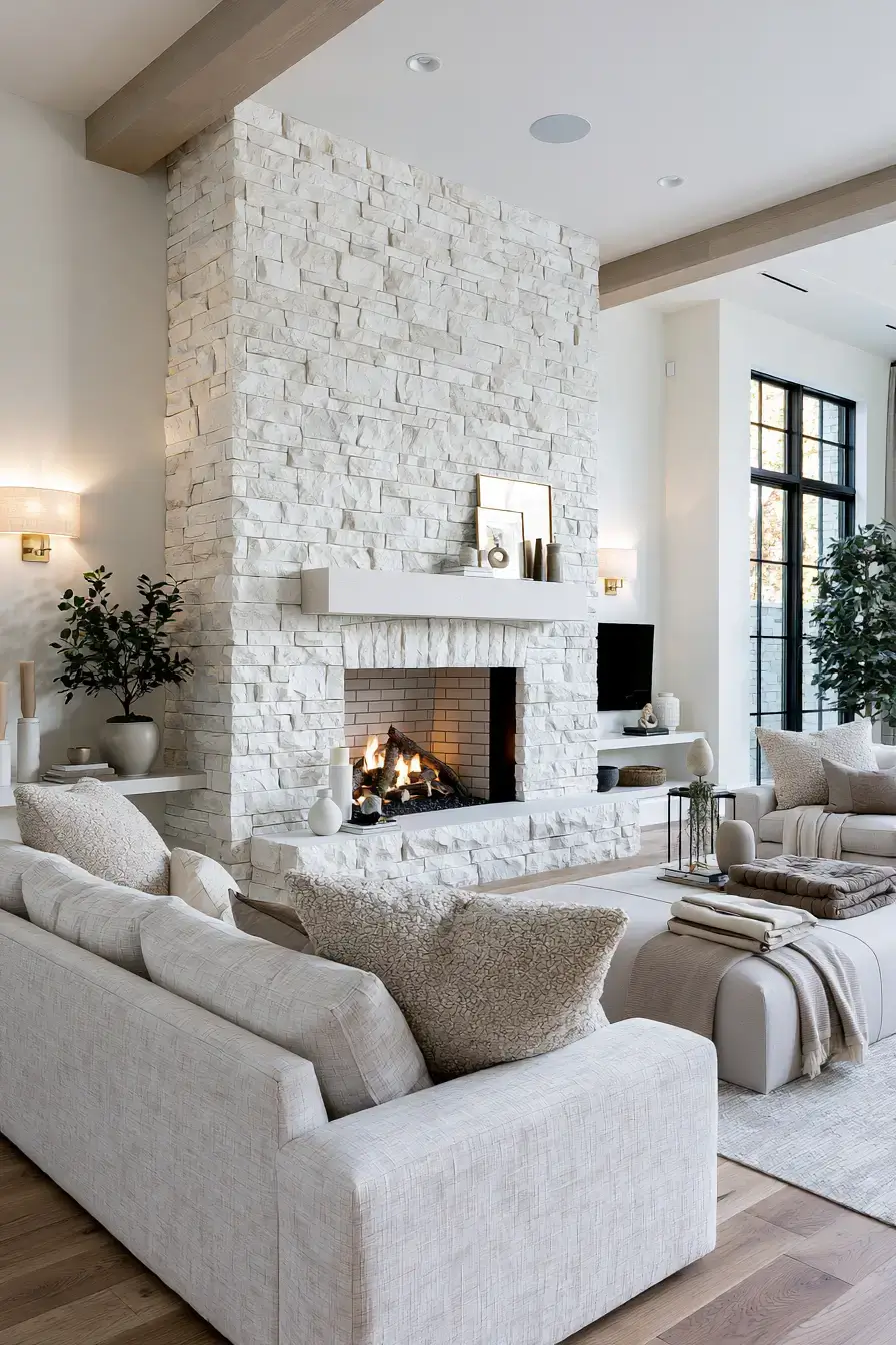 29 White Stone Fireplace Ideas for a Hearth That Stays Light white stone fireplace