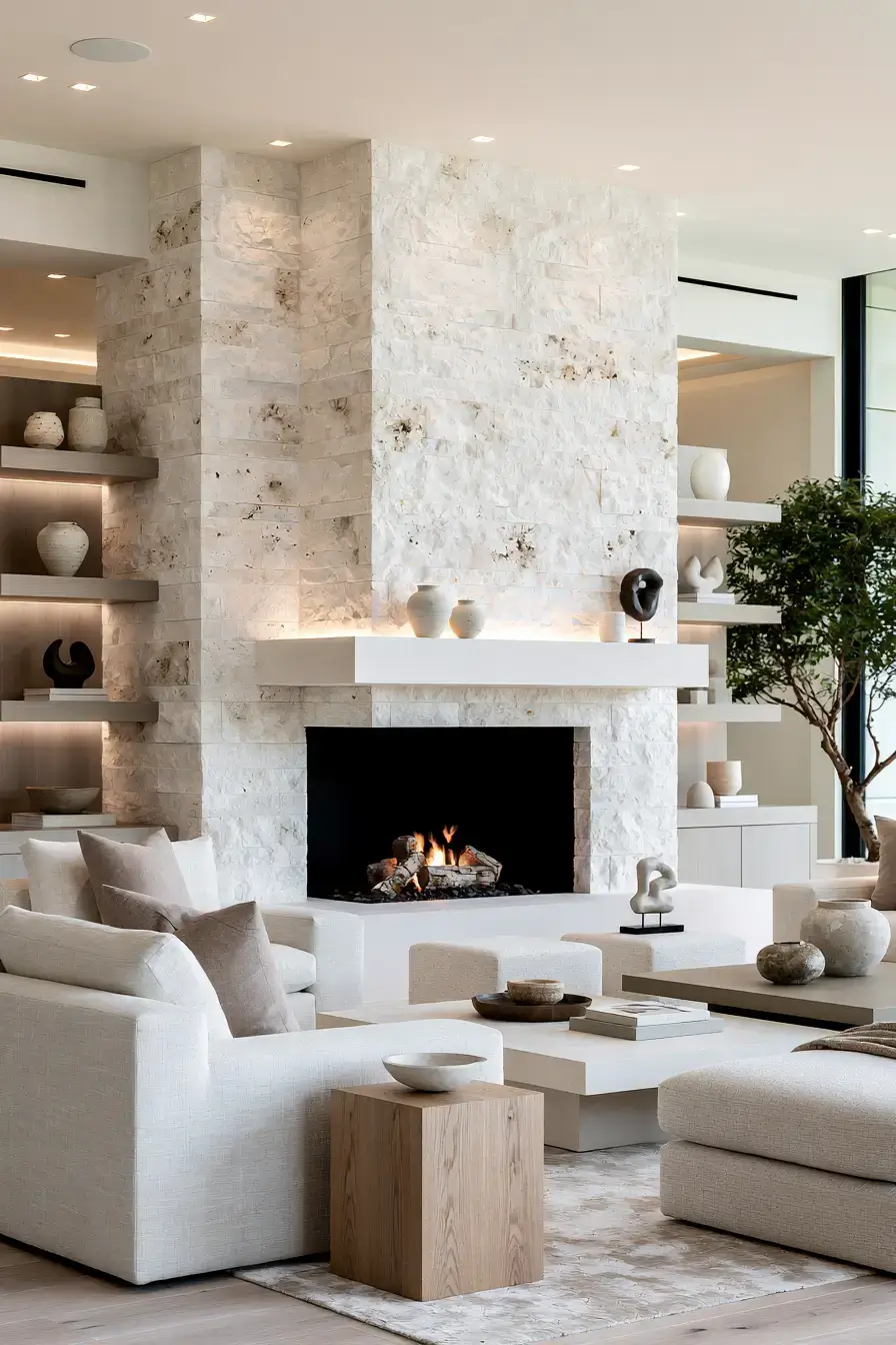 29 White Stone Fireplace Ideas for a Hearth That Stays Light white stone fireplace