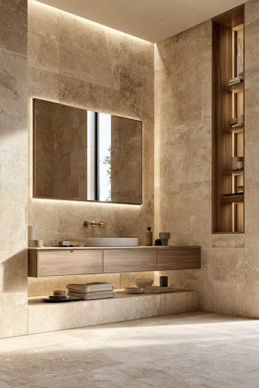 29 Natural Stone Bathroom Ideas with a Travertine Wall