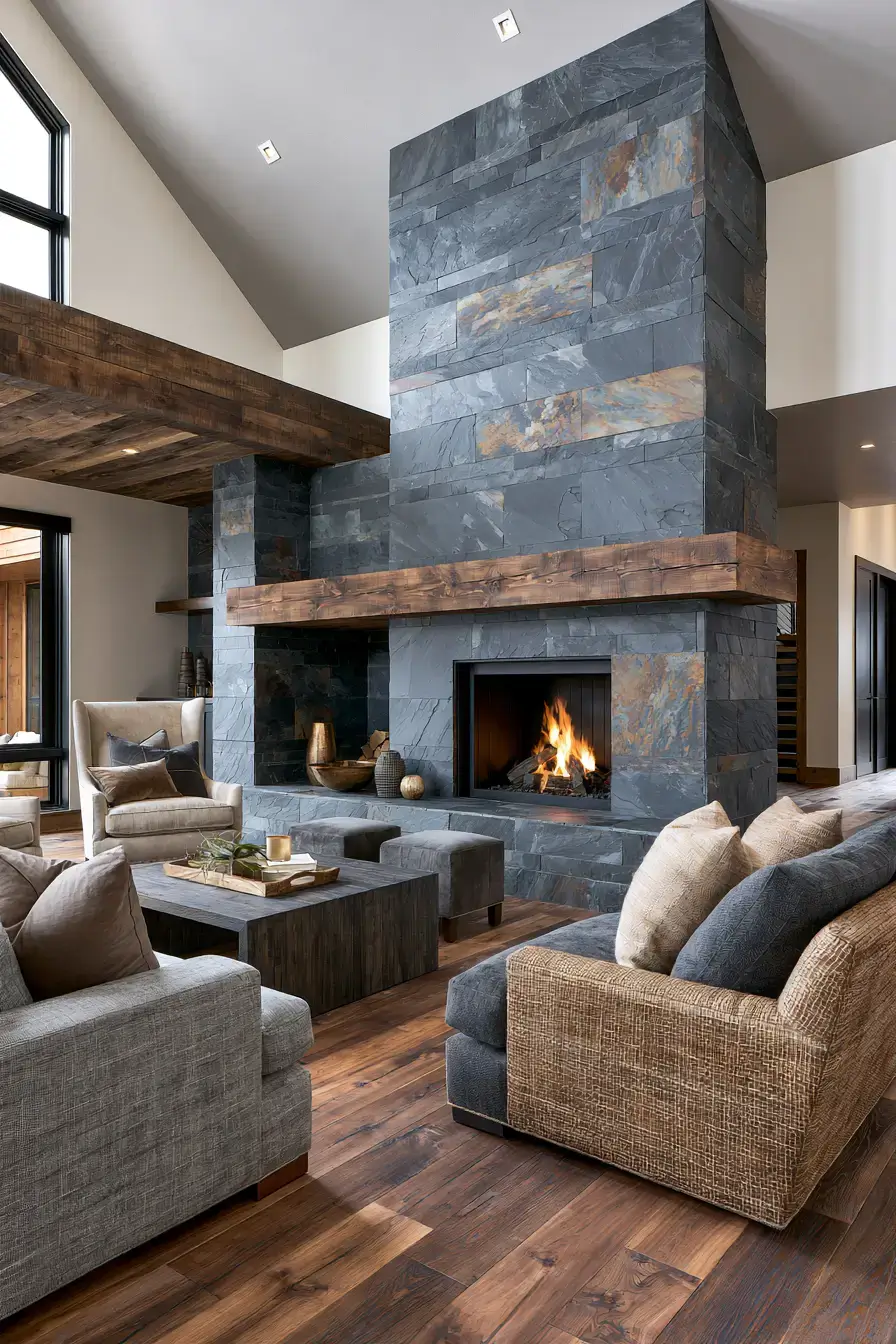 29 Rustic Stone Fireplace Ideas with a Stacked Fieldstone Surround