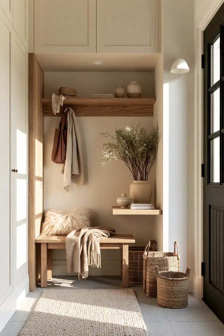 29 Japandi Entryway Ideas with a Wood Bench and Tray