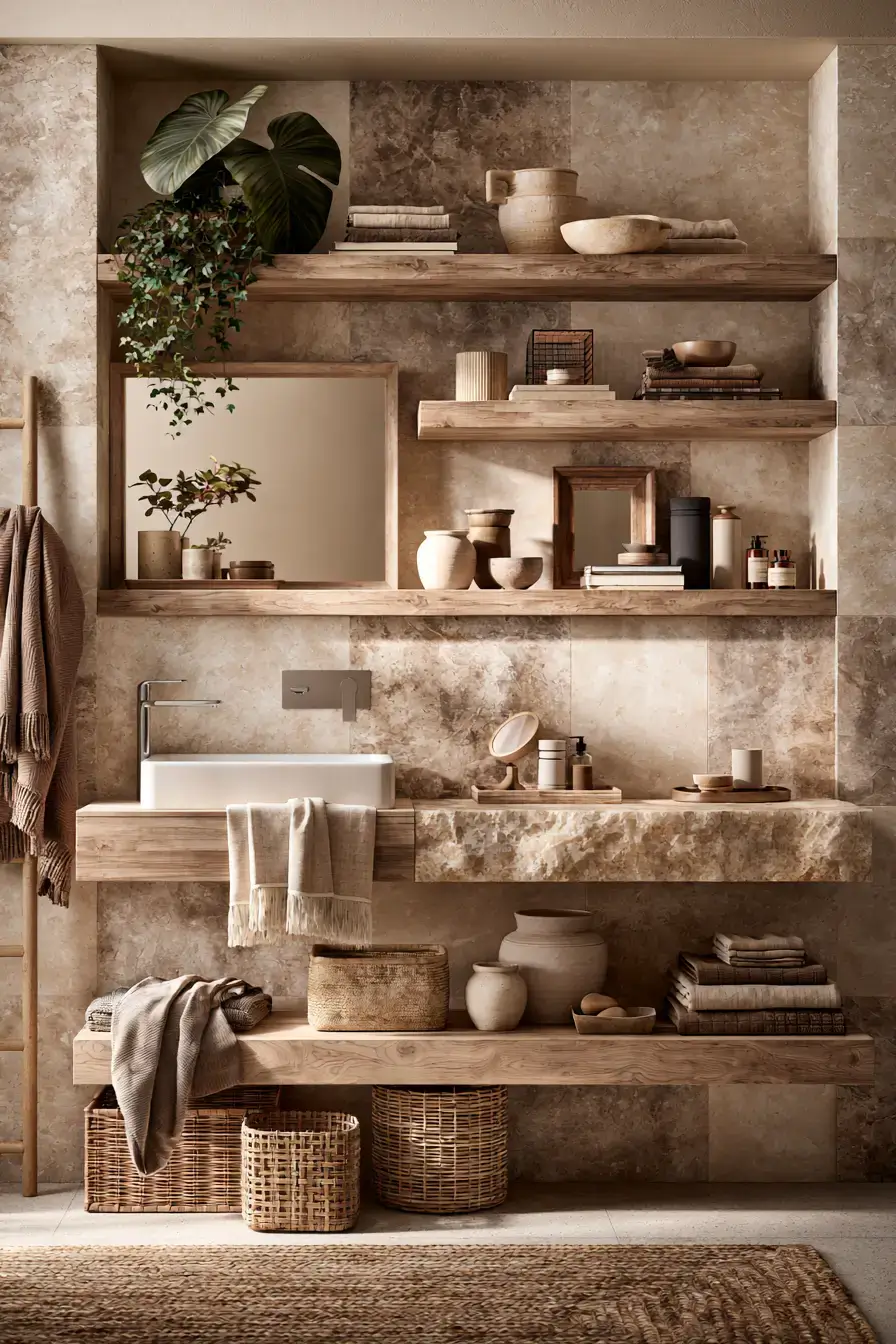 29 Natural Stone Bathroom Ideas with a Travertine Wall