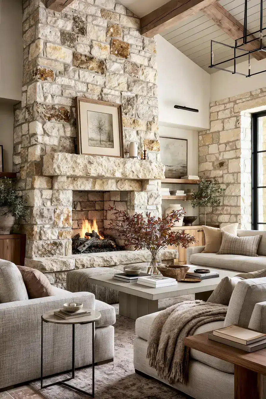29 Rustic Stone Fireplace Ideas with a Stacked Fieldstone Surround