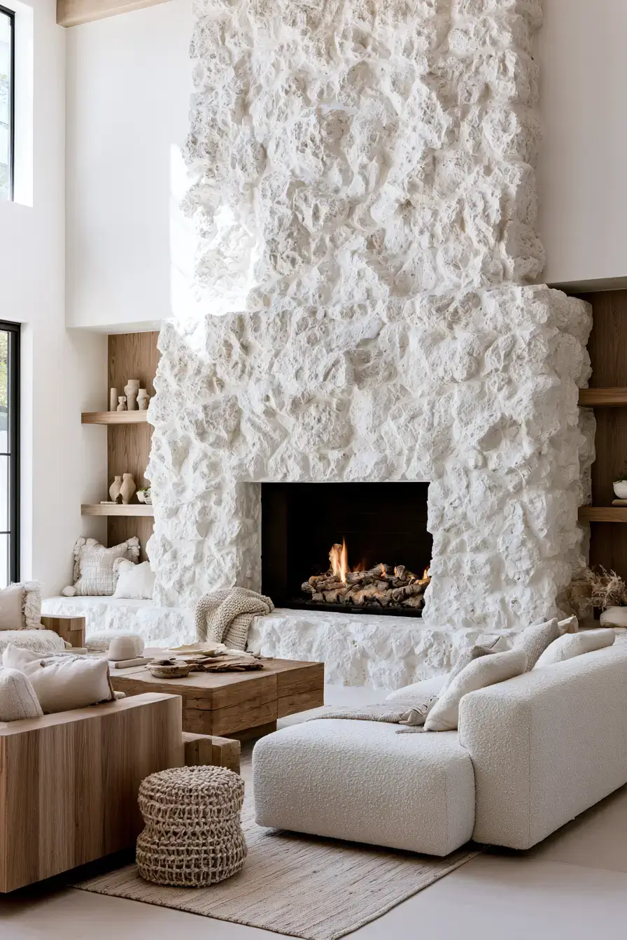 29 White Stone Fireplace Ideas for a Hearth That Stays Light white stone fireplace