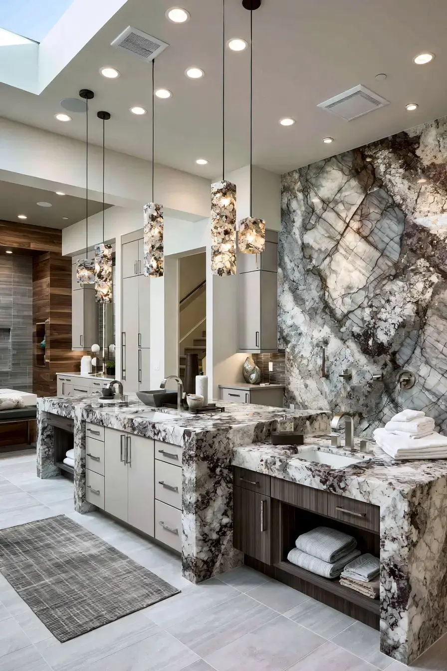 29 Natural Stone Bathroom Ideas with a Travertine Wall
